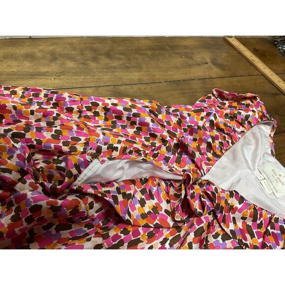 KATE SPADE Aubrey Wrap Dress 6 Pink Brown Abstract Print Silk Sleeveless Ruffles - Picture 6 of 15